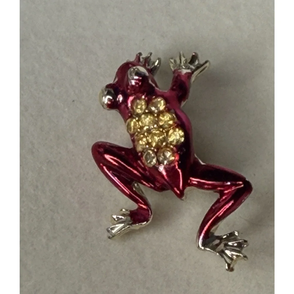 Frog Scatter Brooch Pin Set Red Green Enamel-Like Rhinestone Jeweled 2pc